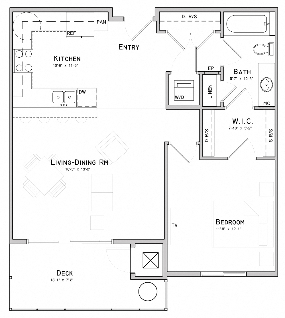 Floor plan for 1 bed, 1 bath, 803 sqft