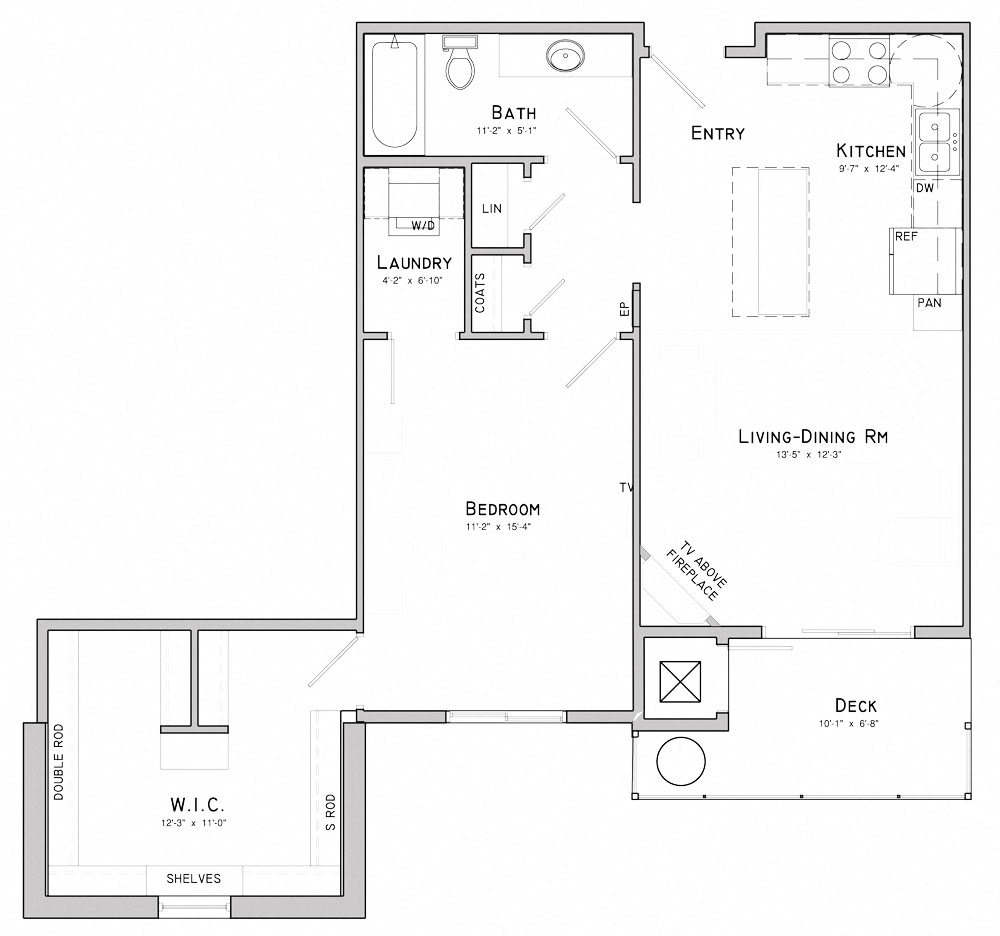 Floor plan for 1 bed, 1 bath, 870 sqft