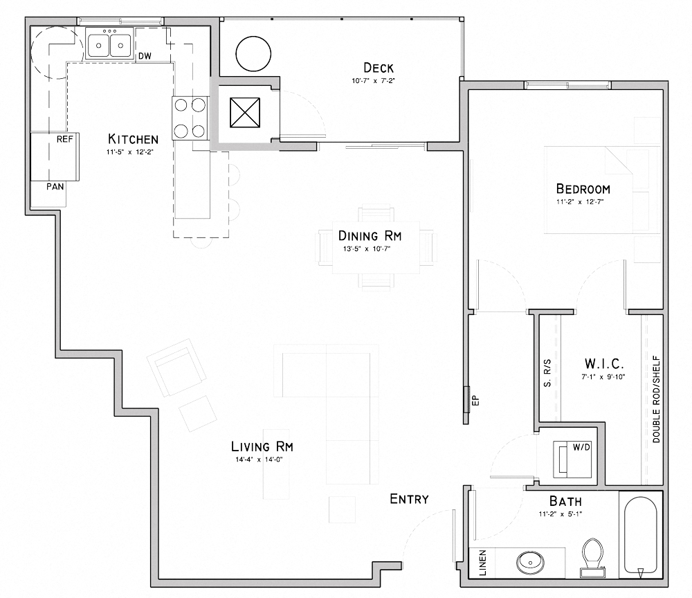 Floor plan for 1 bed, 1 bath, 981 sqft