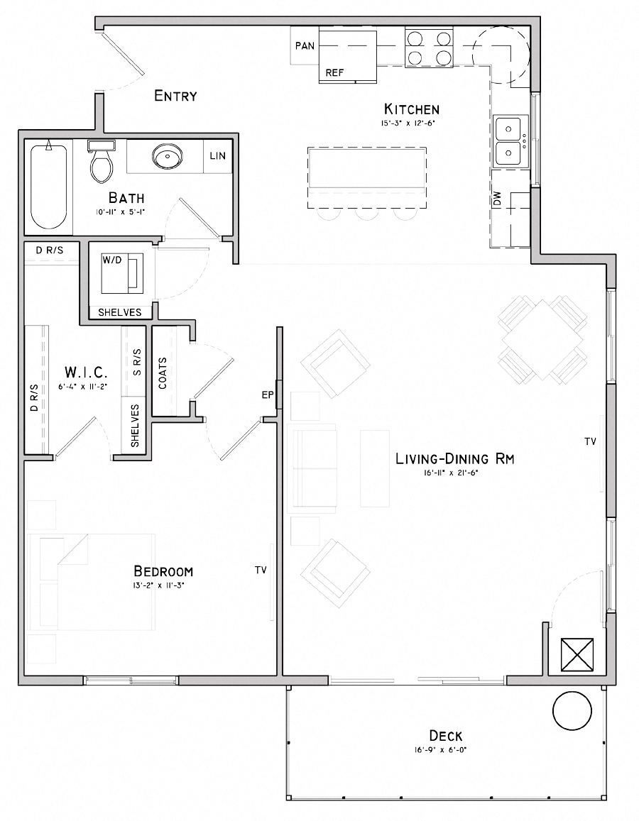 Floor plan for 1 bed, 1 bath, 1019 sqft