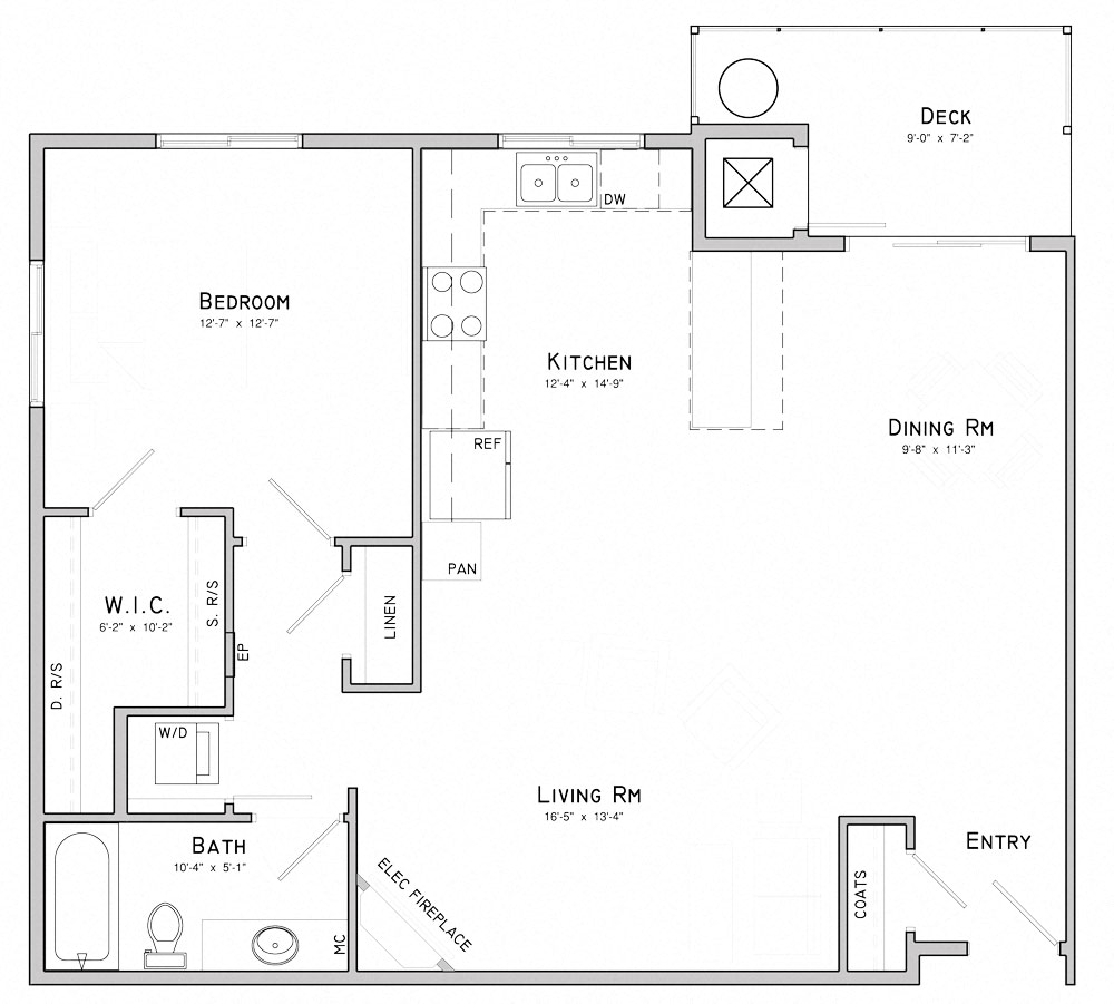 Floor plan for 1 bed, 1 bath, 1007 sqft