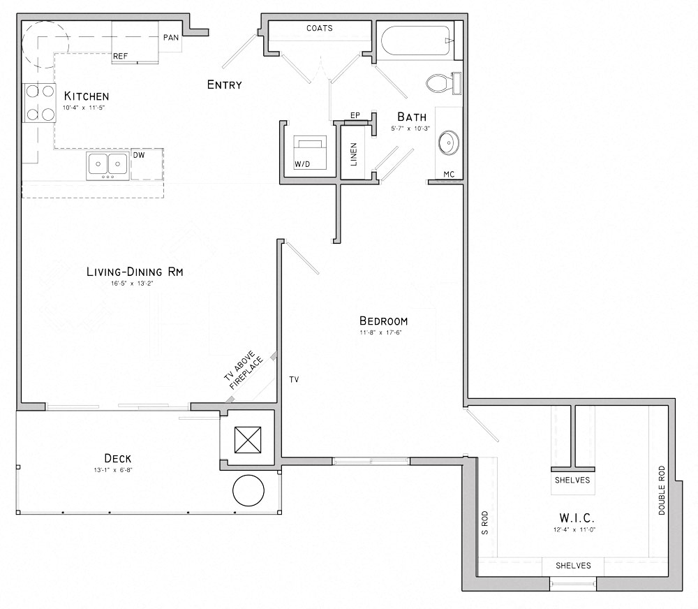 Floor plan for 1 bed, 1 bath, 963 sqft