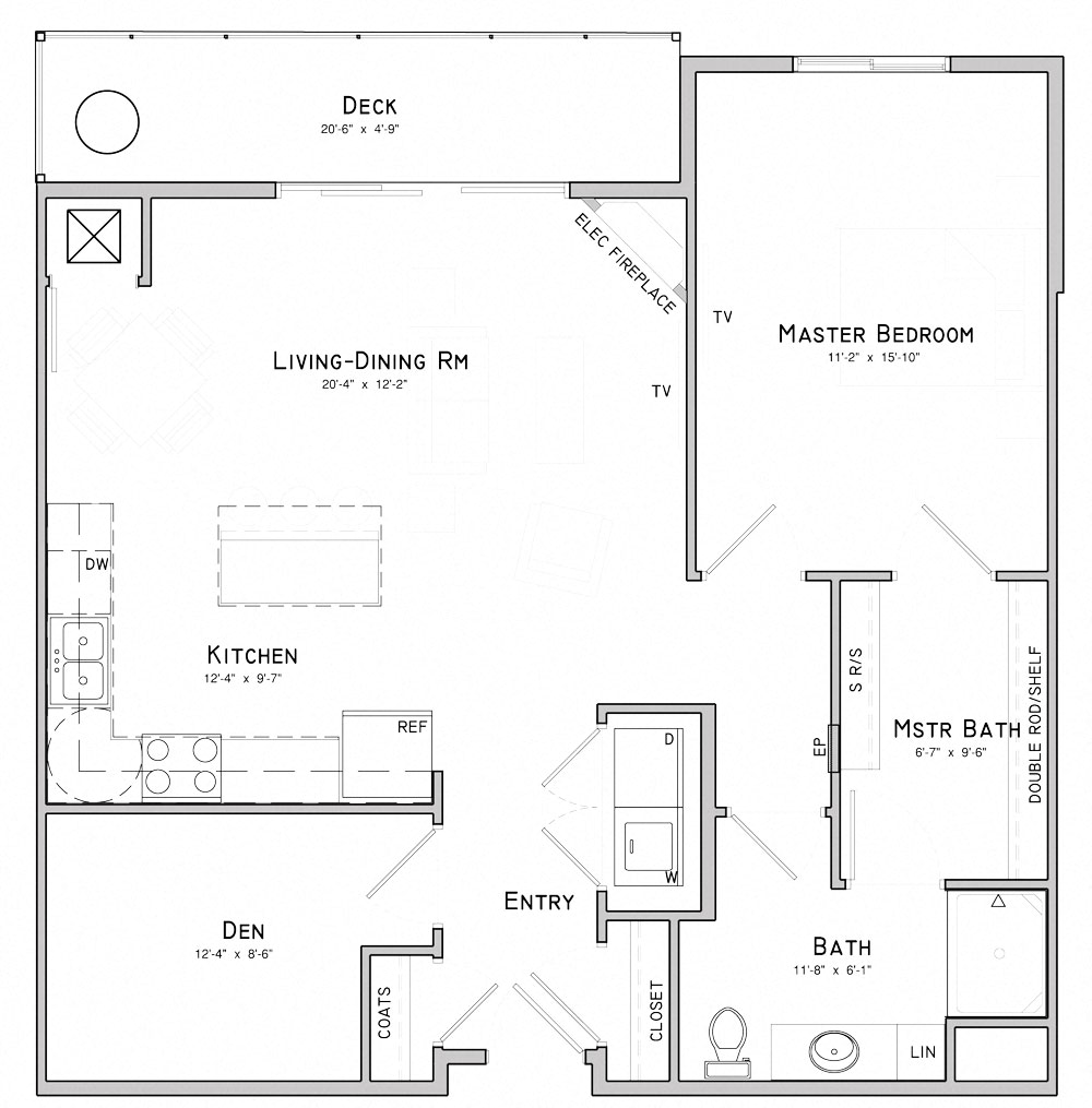 Floor plan for 1 bed, 1 bath, 989 sqft