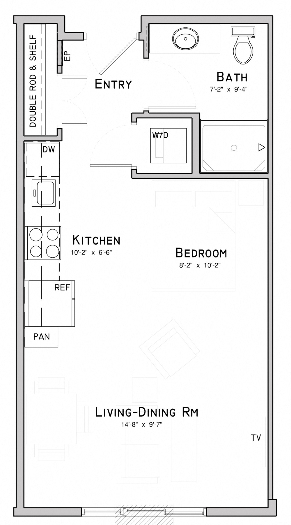 Floor plan for studio, 1 bath, 471 sqft