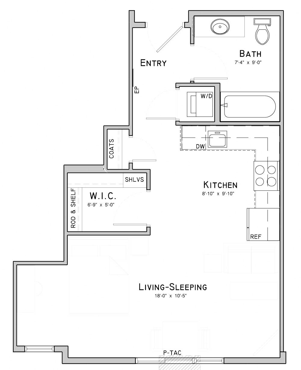 Floor plan for studio, 1 bath, 525 sqft