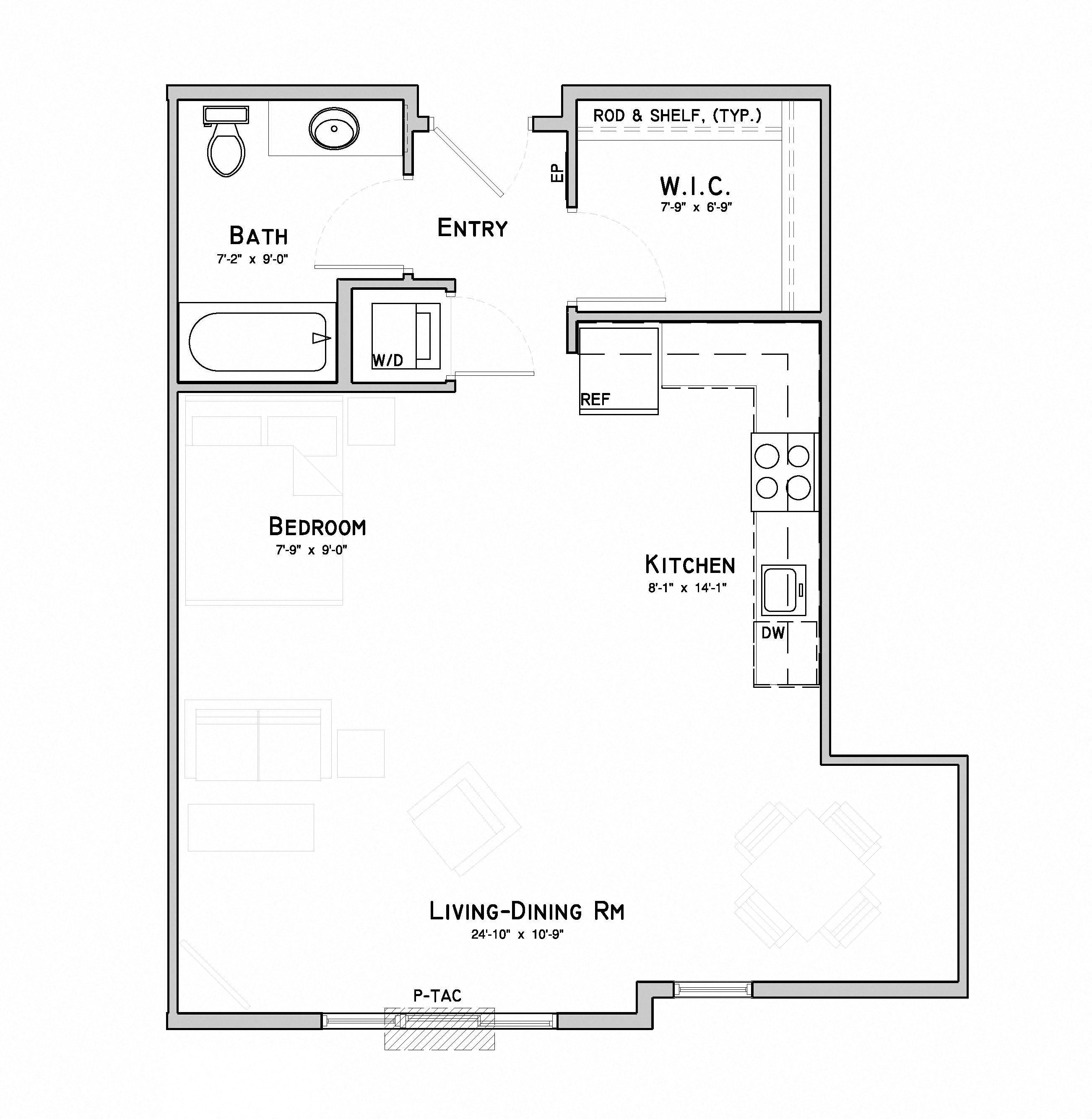 Floor plan for studio, 1 bath, 667 sqft