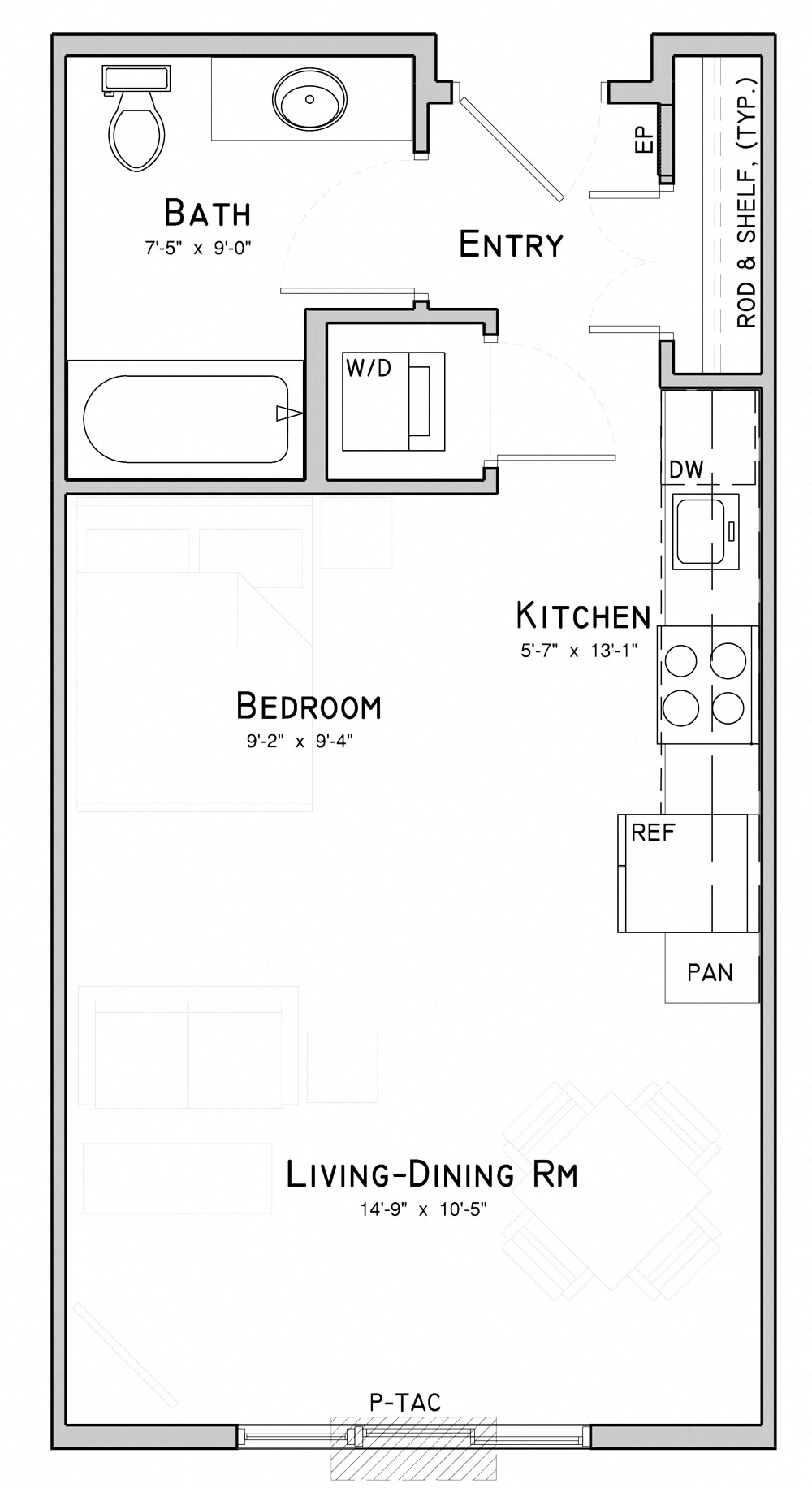 Floor plan for studio, 1 bath, 463 sqft