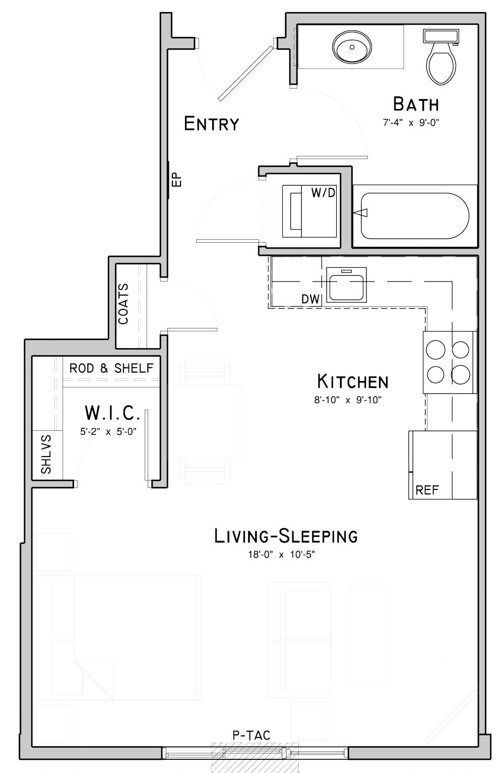 Floor plan for studio, 1 bath, 489 sqft