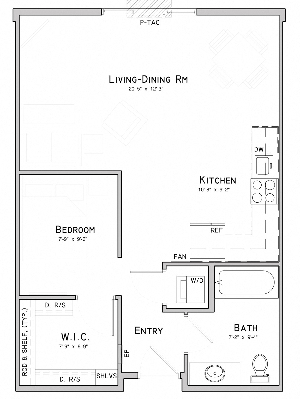 Floor plan for studio, 1 bath, 633 sqft