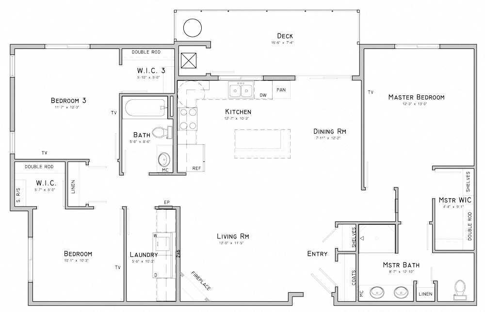 Floor plan for 3 beds, 2 baths, 1503 sqft