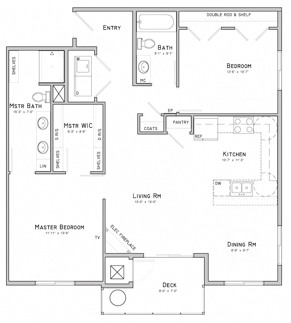 Floor plan for 2 beds, 2 baths, 1149 sqft
