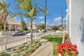 Redondo Beach apartment for rent - a street with palm trees and a white fence in front of a house