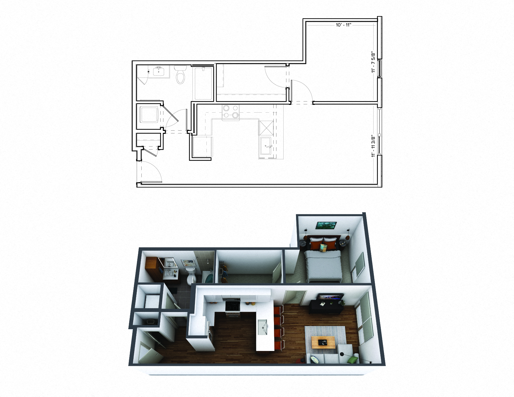 Floor plan for 1 bed, 1 bath, 669 sqft