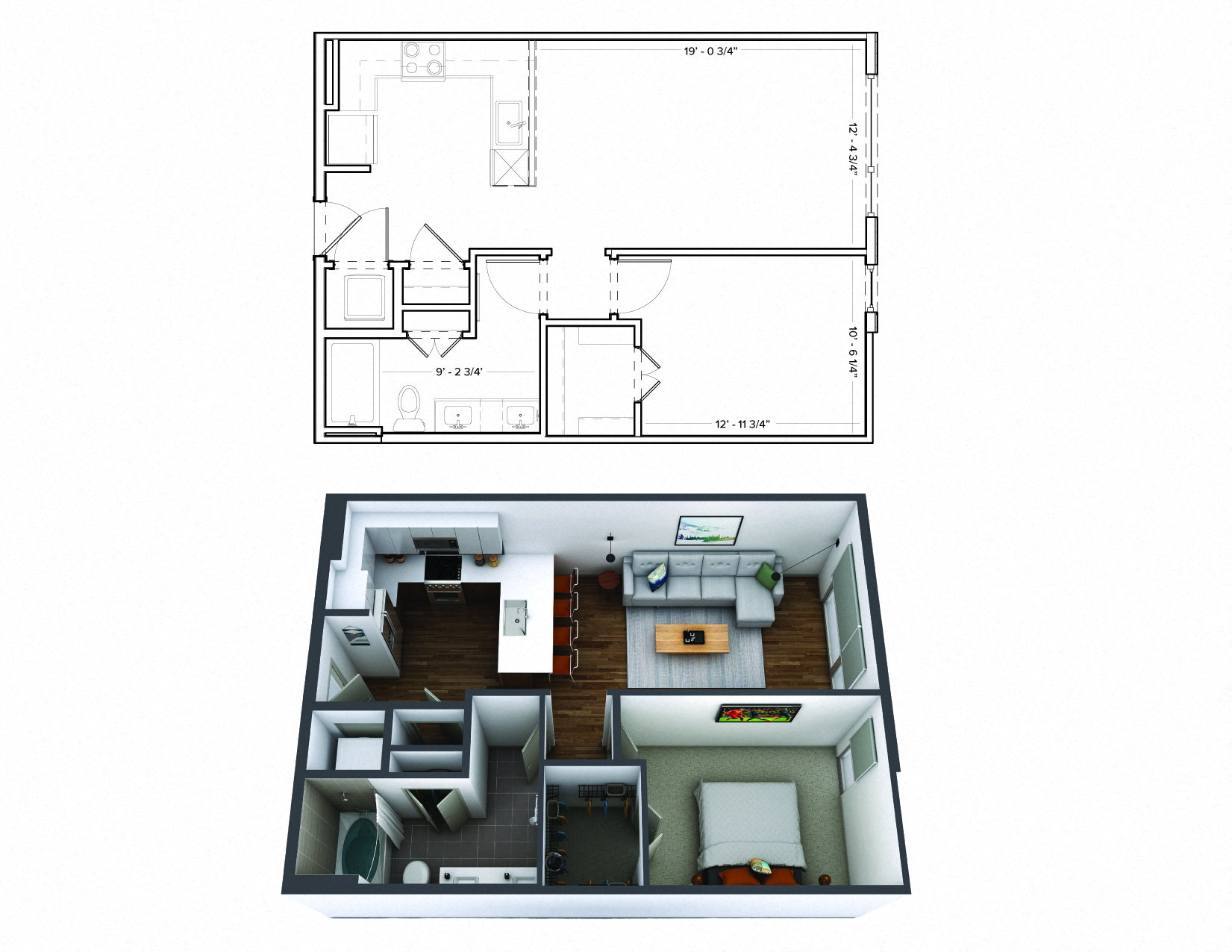 Floor plan for 1 bed, 1 bath, 722 sqft
