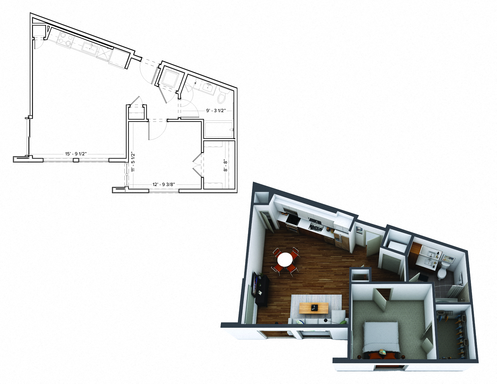 Floor plan for 1 bed, 1 bath, 919 sqft