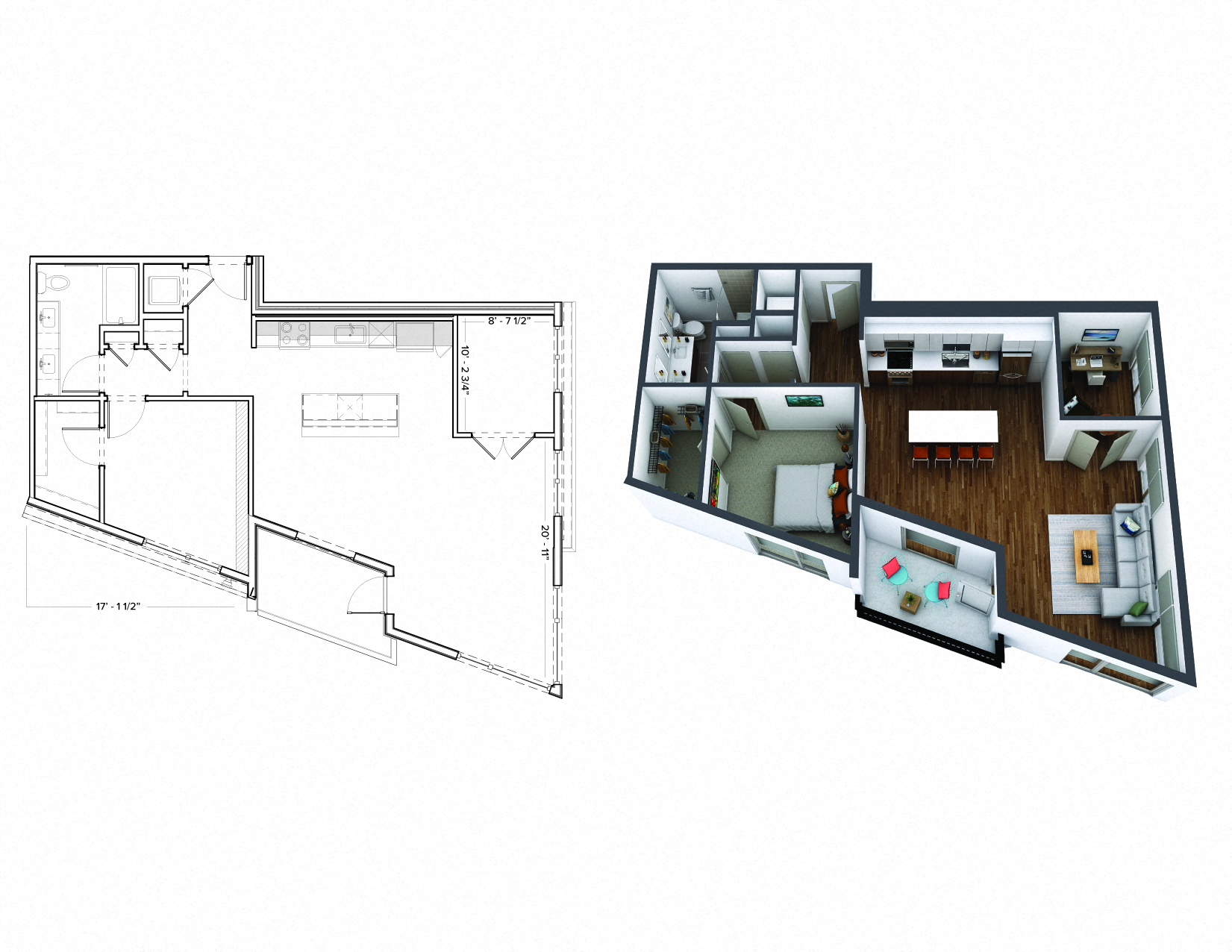 Floor plan for 1 bed, 1 bath, 1061 sqft