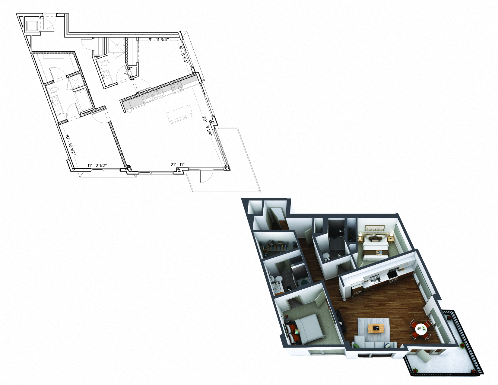 Floor plan for 2 beds, 2 baths, 1155 sqft