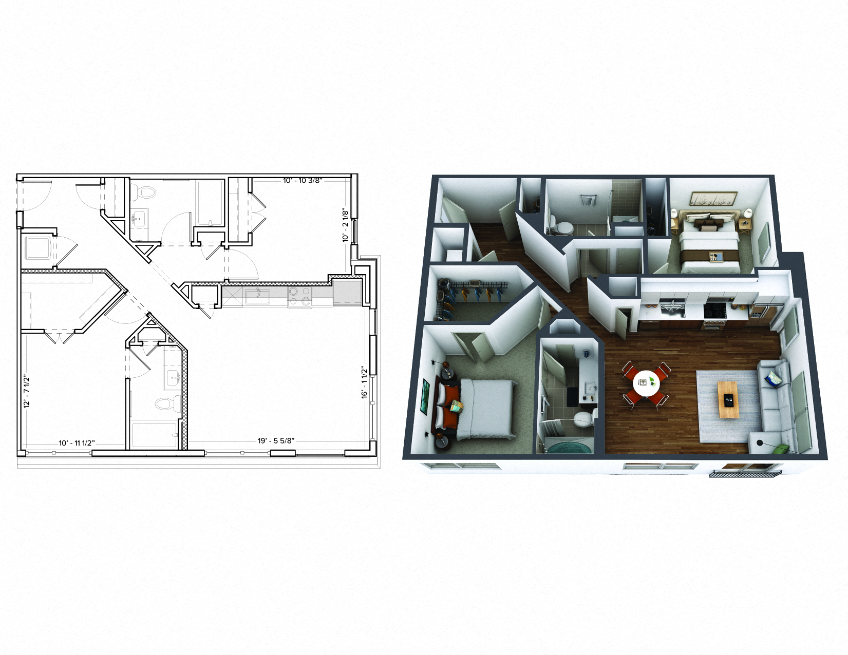 Floor plan for 2 beds, 2 baths, 1036 sqft