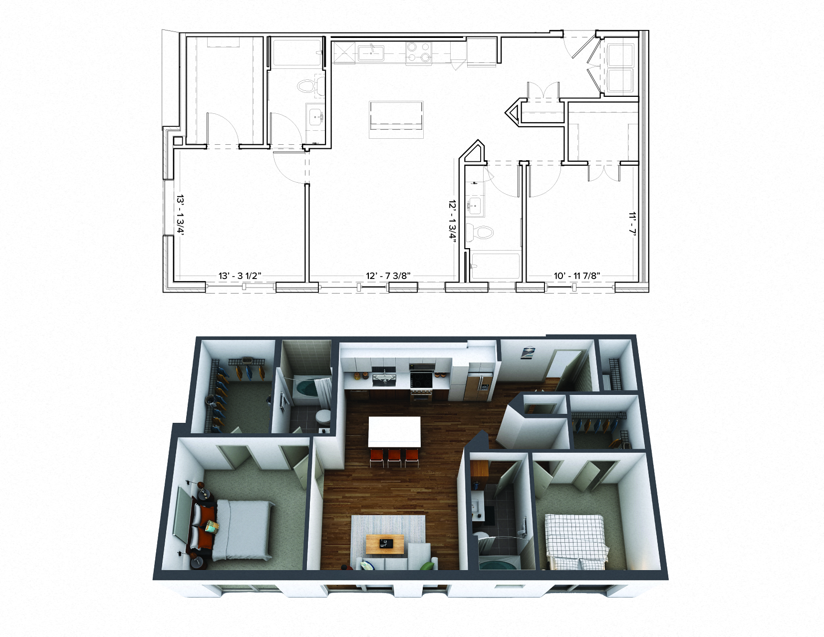Floor plan for 2 beds, 2 baths, 1075 sqft