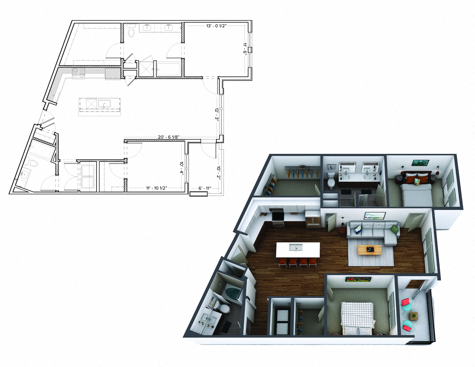 Floor plan for 2 beds, 2 baths, 1207 sqft