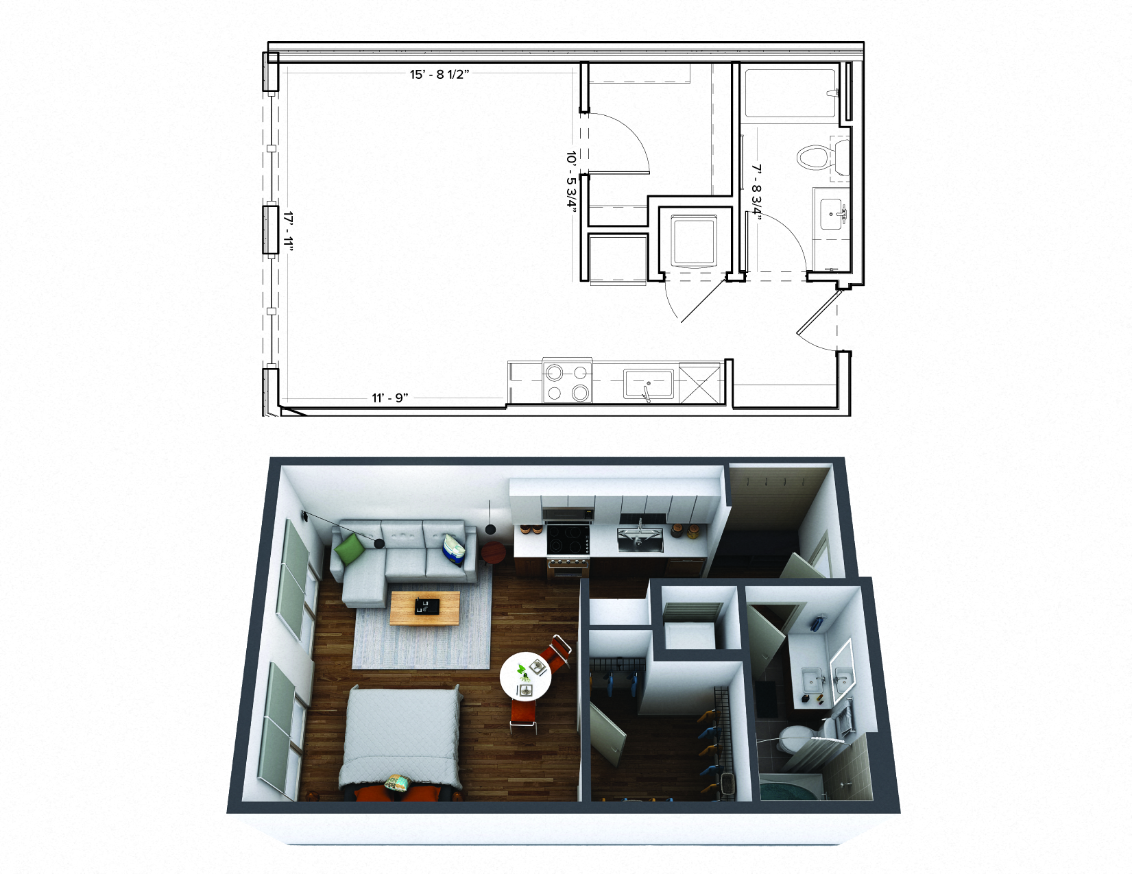 Floor plan for studio, 1 bath, 522 sqft
