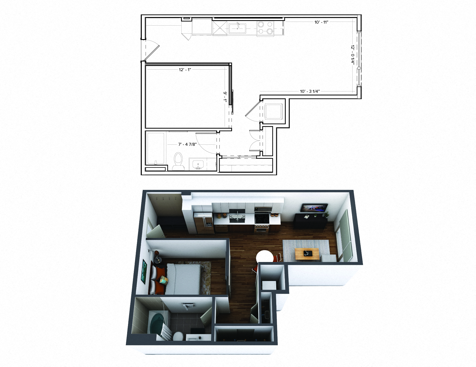 Floor plan for 1 bed, 1 bath, 621 sqft