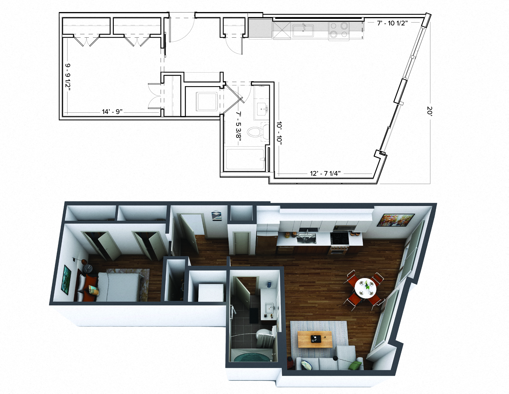 Floor plan for 1 bed, 1 bath, 684 sqft