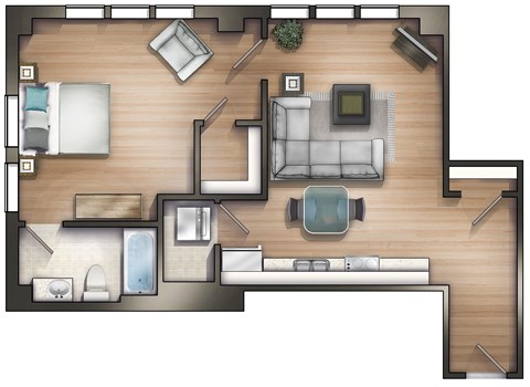 Floor plan for 1 bed, 1 bath, 854 sqft