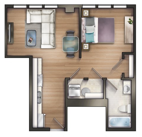 Floor plan for 1 bed, 1 bath, 735 sqft