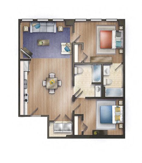 Floor plan for 2 beds, 2 baths, 998 sqft