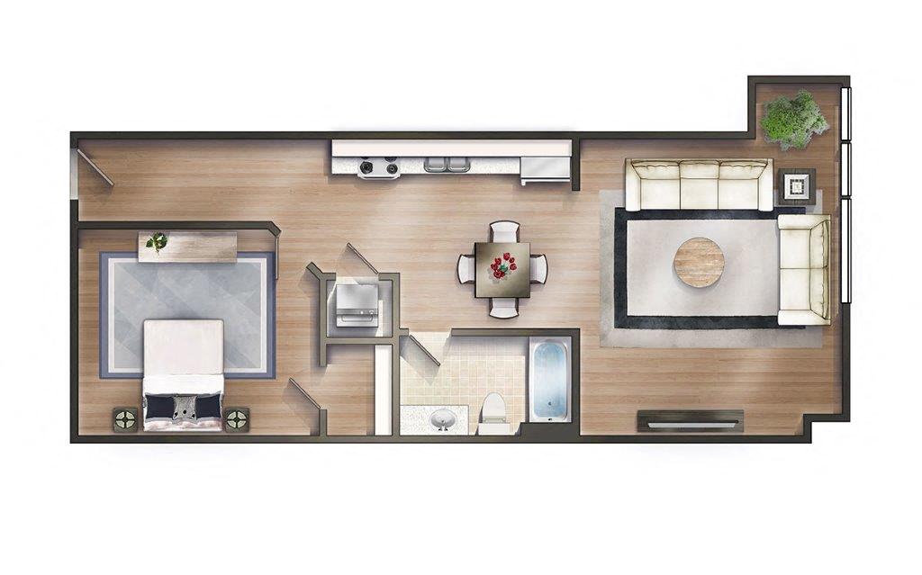 Floor plan for 1 bed, 1 bath, 798 sqft