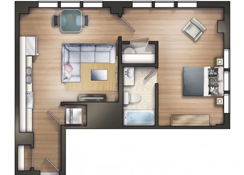 Floor plan for 1 bed, 1 bath, 781 sqft