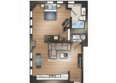 Floor plan for 1 bed, 1 bath, 754 sqft