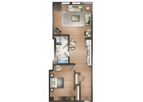 Floor plan for 1 bed, 1 bath, 949 sqft