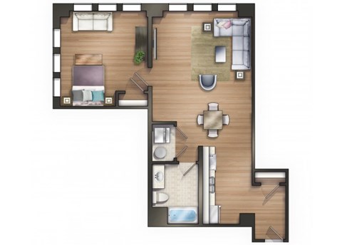 Floor plan for 1 bed, 1 bath, 998 sqft
