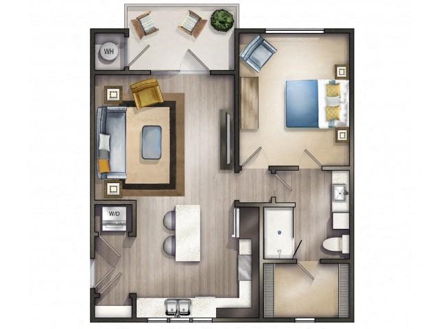 Floor plan for 1 bed, 1 bath, 765 sqft