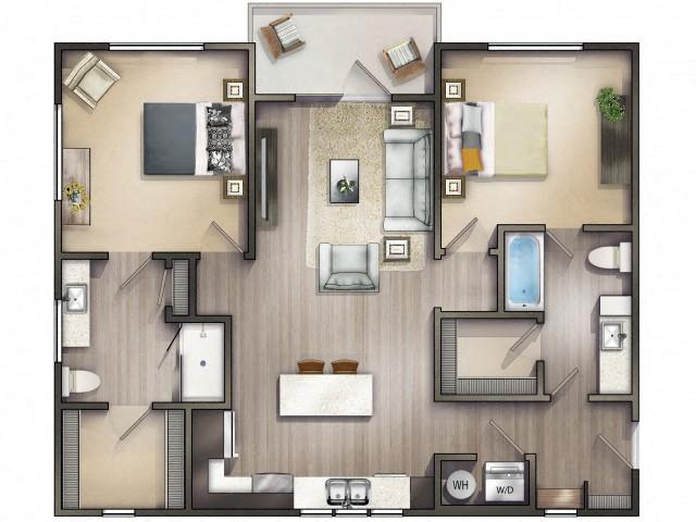 Floor plan for 2 beds, 2 baths, 1075 sqft