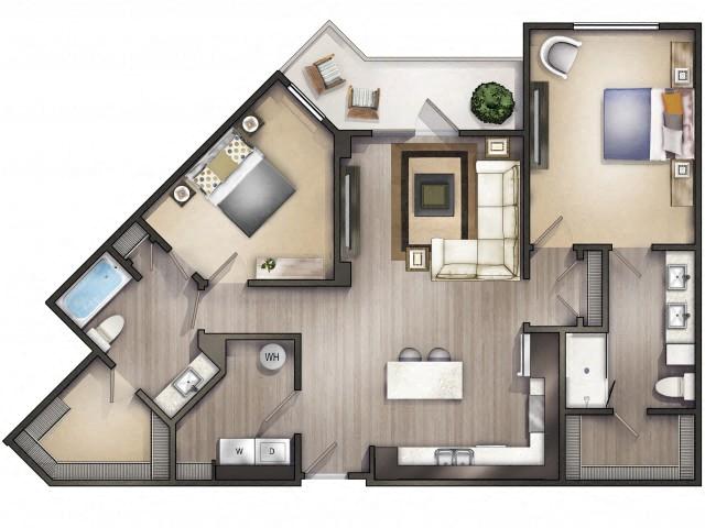 Floor plan for 2 beds, 2 baths, 1175 sqft