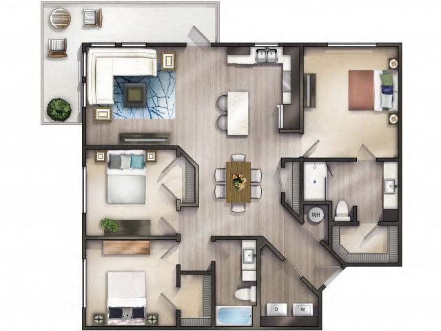 Floor plan for 3 beds, 2 baths, 1370 sqft
