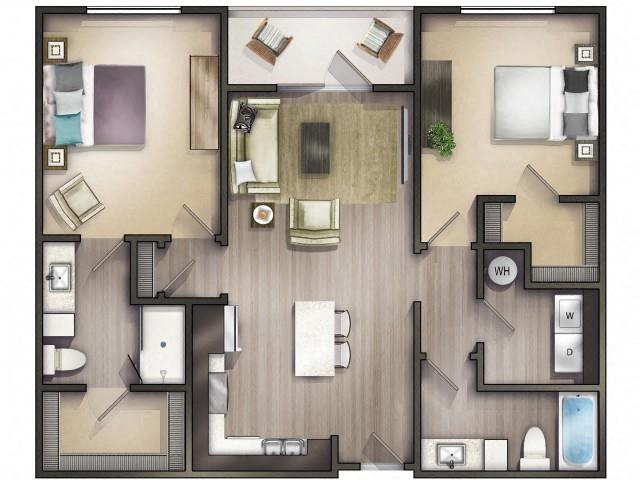 Floor plan for 2 beds, 2 baths, 1019 sqft
