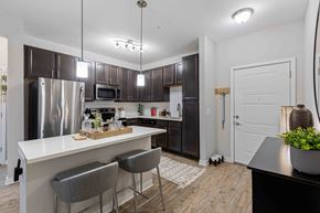 Greenville apartment for rent - a kitchen with stainless steel appliances and a counter with chairs