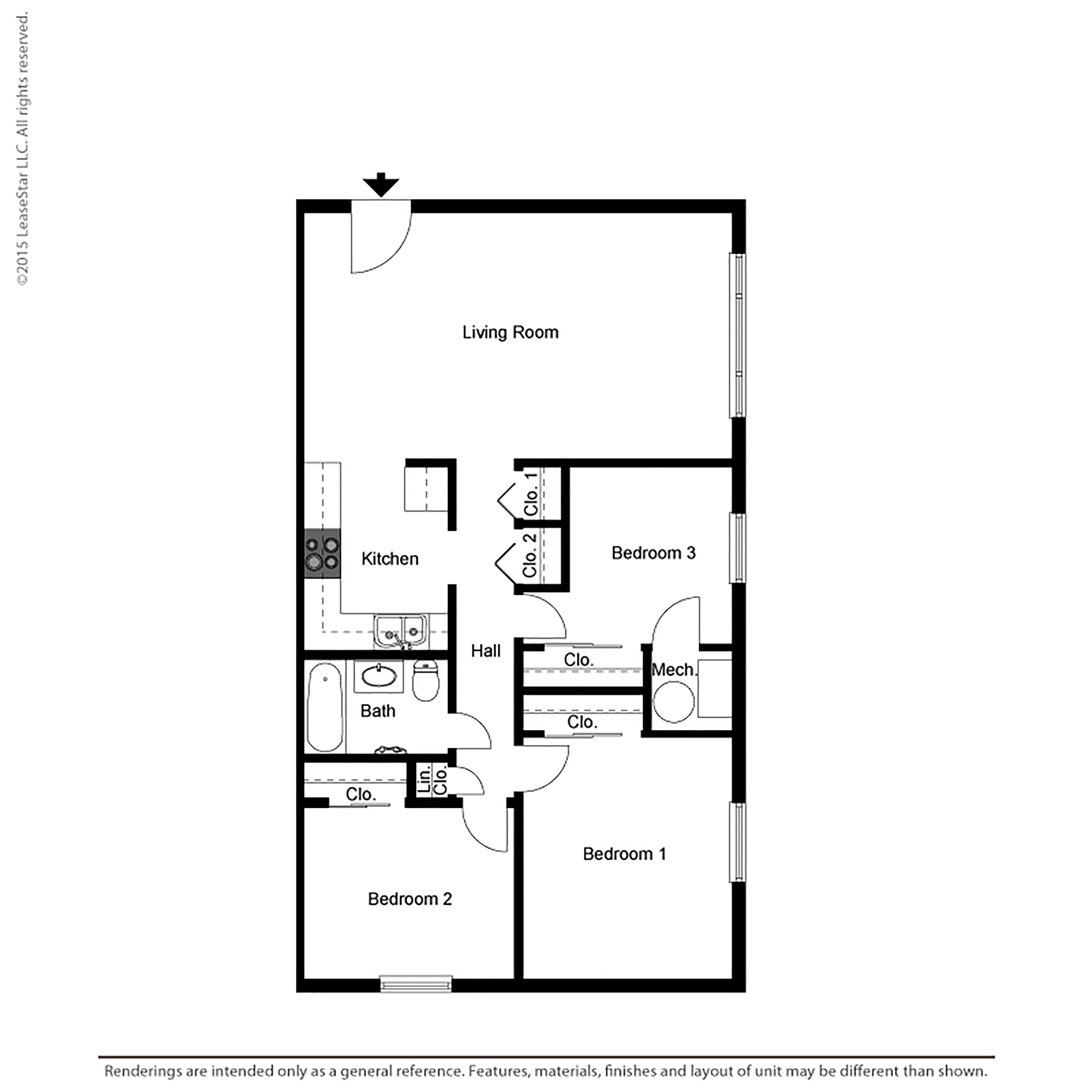 Floor plan for 3 beds, 1 bath, 937 sqft
