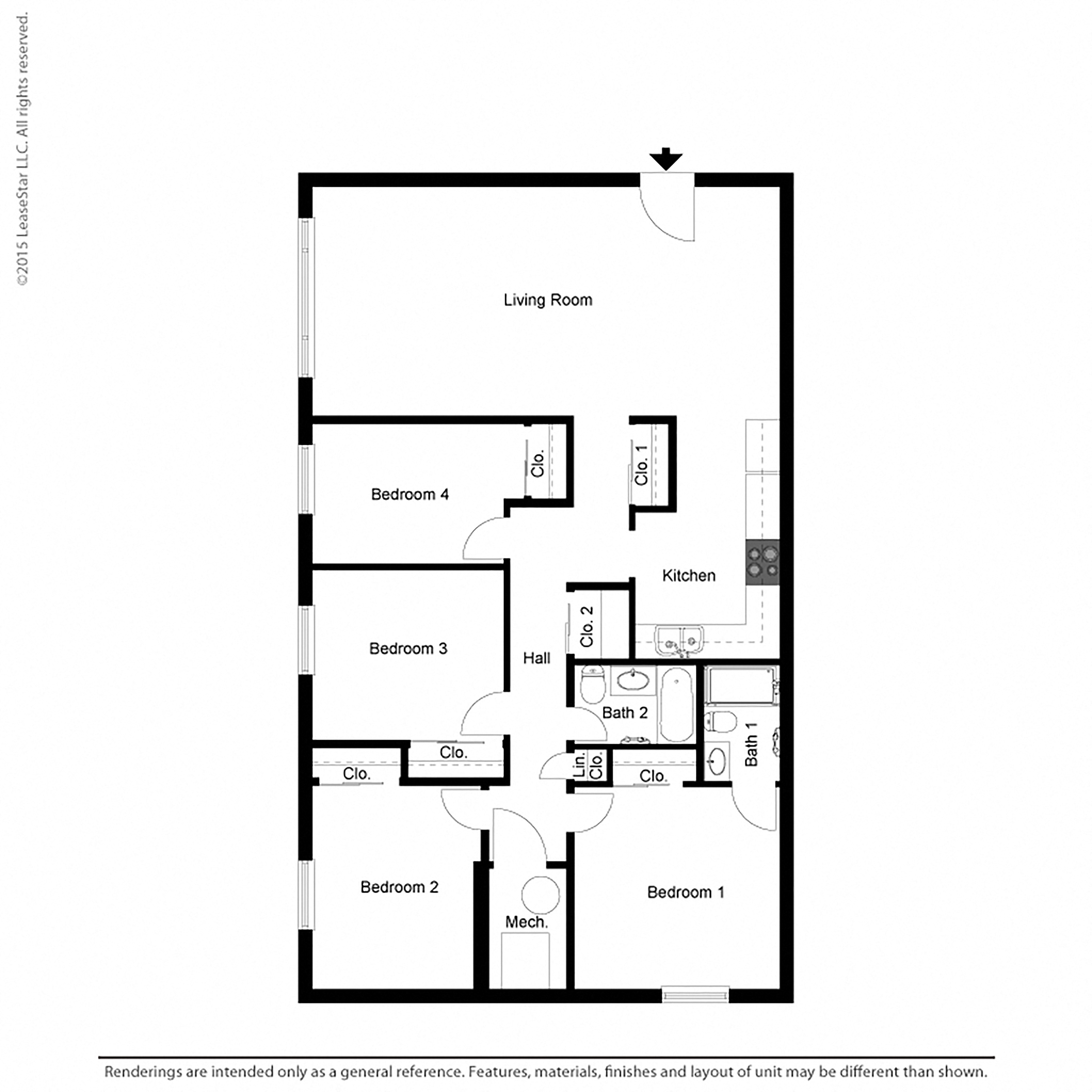 Floor plan for 4 beds, 2 baths, 1238 sqft