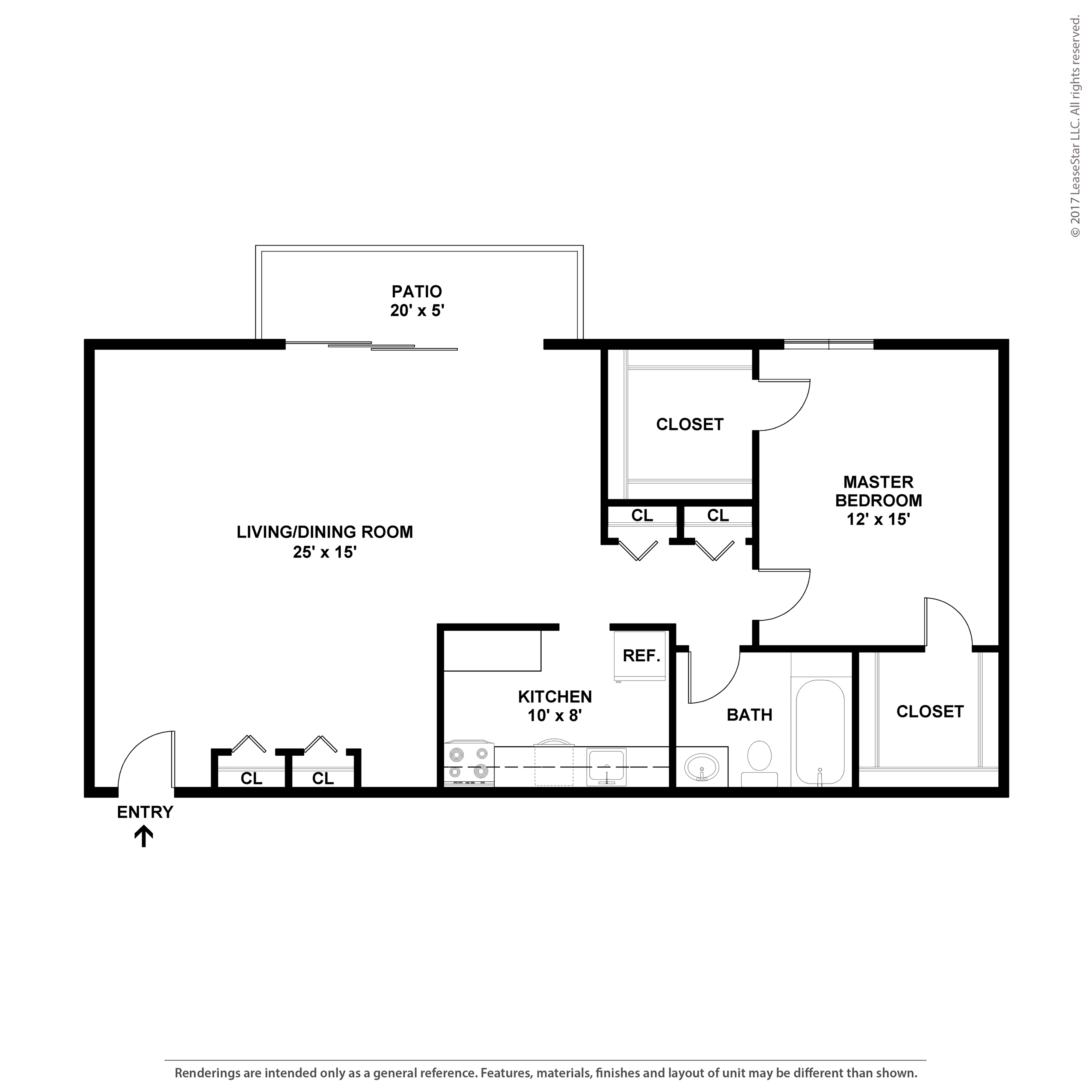 Floor plan for 1 bed, 1 bath, 714 sqft