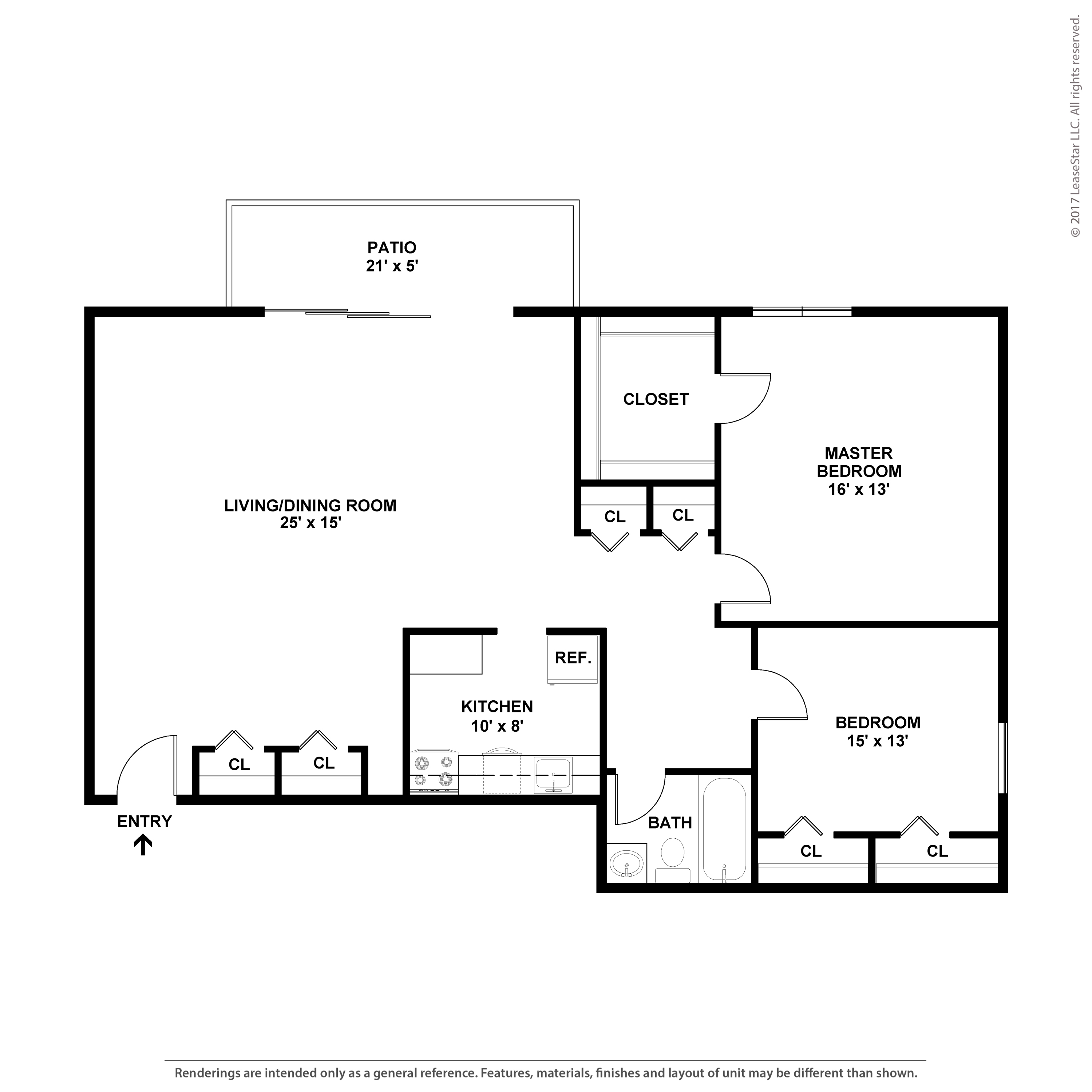 Floor plan for 2 beds, 1 bath, 924 sqft