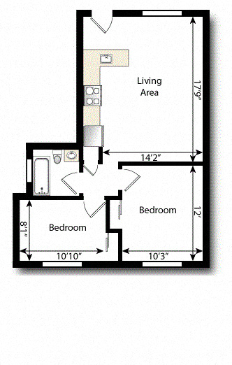 Floor plan for 2 beds, 1 bath, 550 sqft