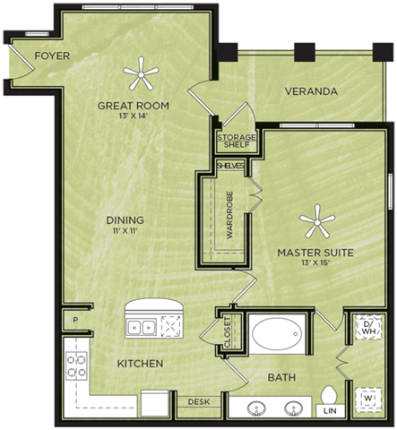 Floor plan for 1 bed, 1 bath, 837 sqft