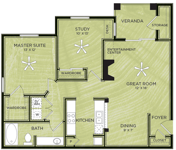 Floor plan for 1 bed, 1 bath, 887 sqft