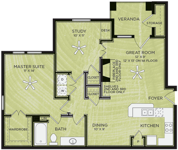Floor plan for 1 bed, 1 bath, 893 sqft