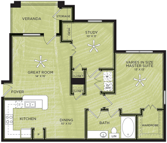 Floor plan for 1 bed, 1 bath, 911 sqft